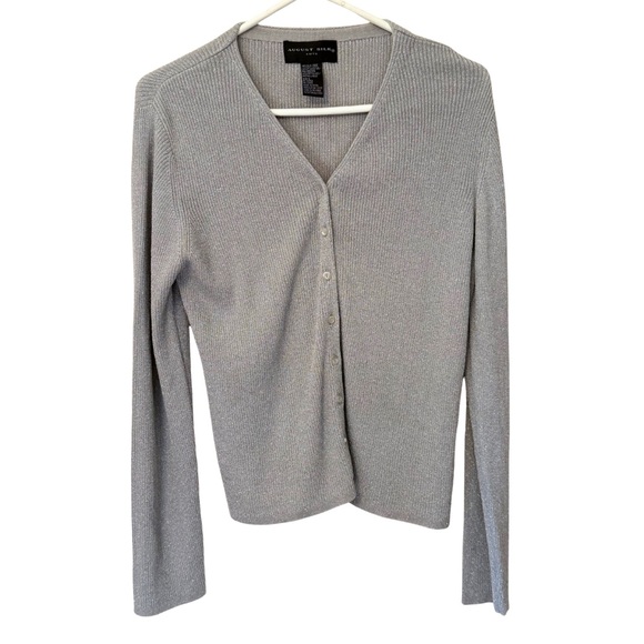 Vintage August Silk Silver Gray Shimmer Ribbed Silk Blend Cardigan Y2k Lame - Picture 1 of 5